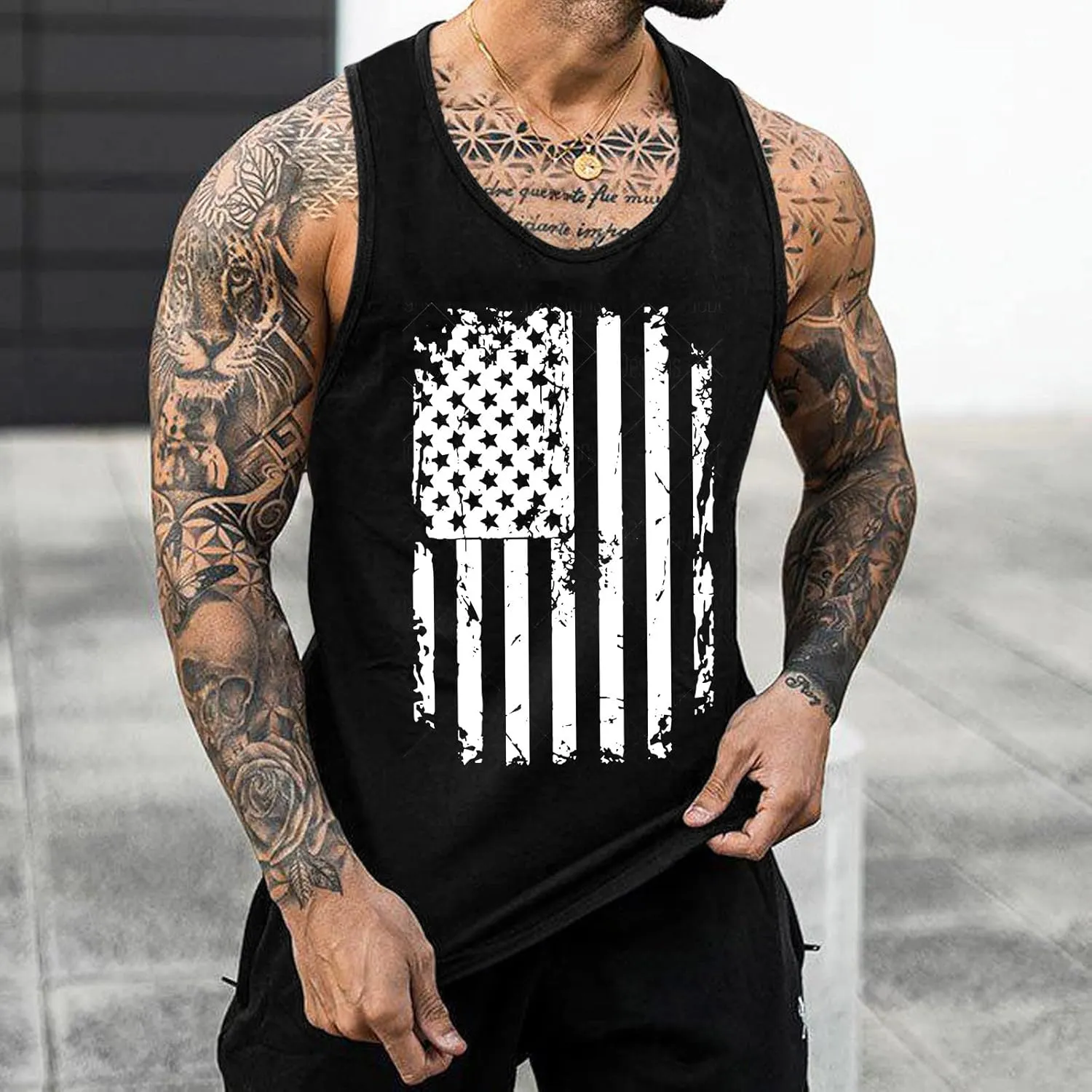 4th of July T-Shirts for Men Independence Day USA Patriotic Sleeveless Tank Tops Retro Star & Striped Graphic Tee Tops