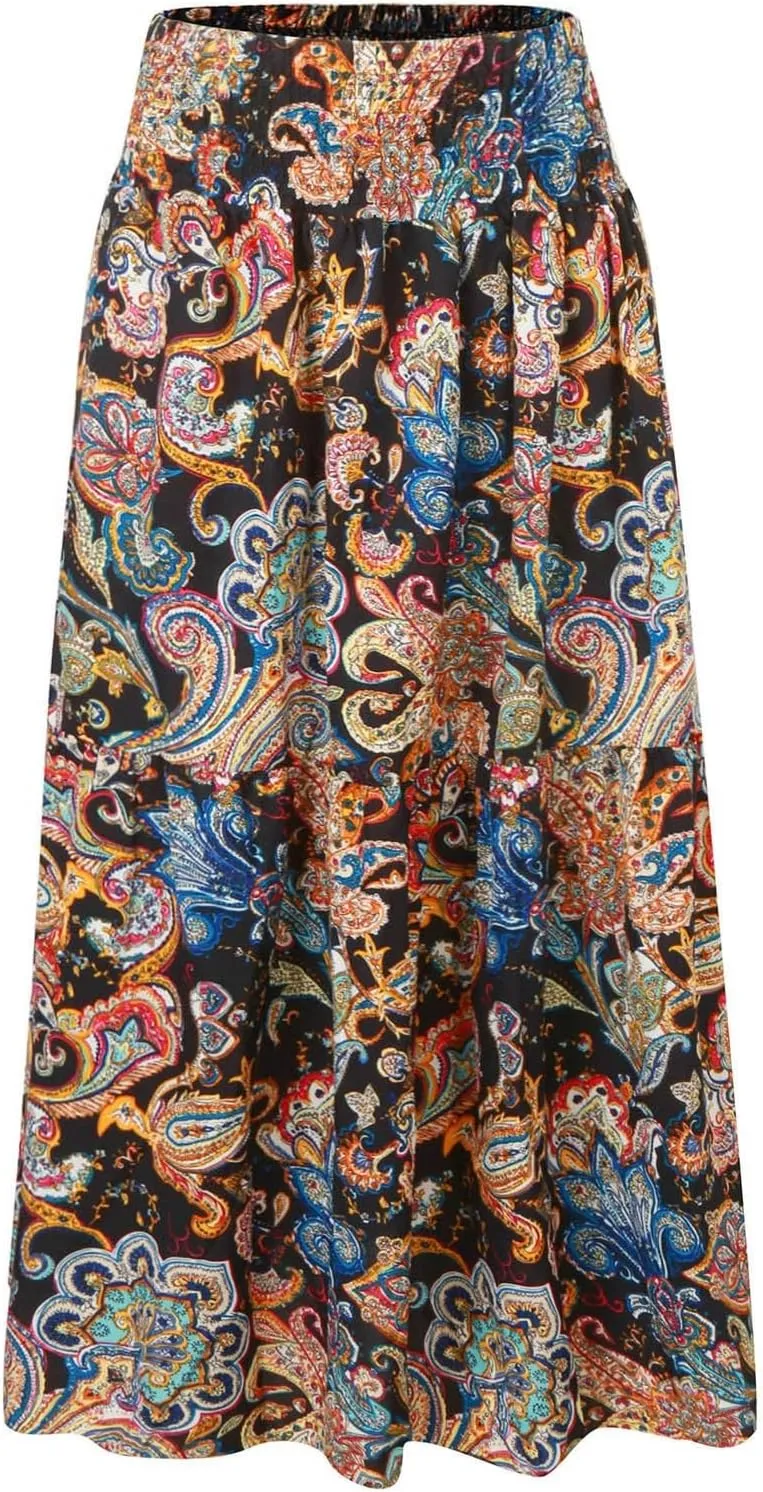 Casual Skirts for Women Summer Vacation Bohemian Aztec Print Pleated High Waist Elastic 2025 Beach Boha Maxi Skirts