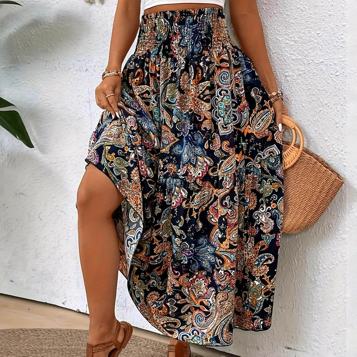 Casual Skirts for Women Summer Vacation Bohemian Aztec Print Pleated High Waist Elastic 2025 Beach Boha Maxi Skirts