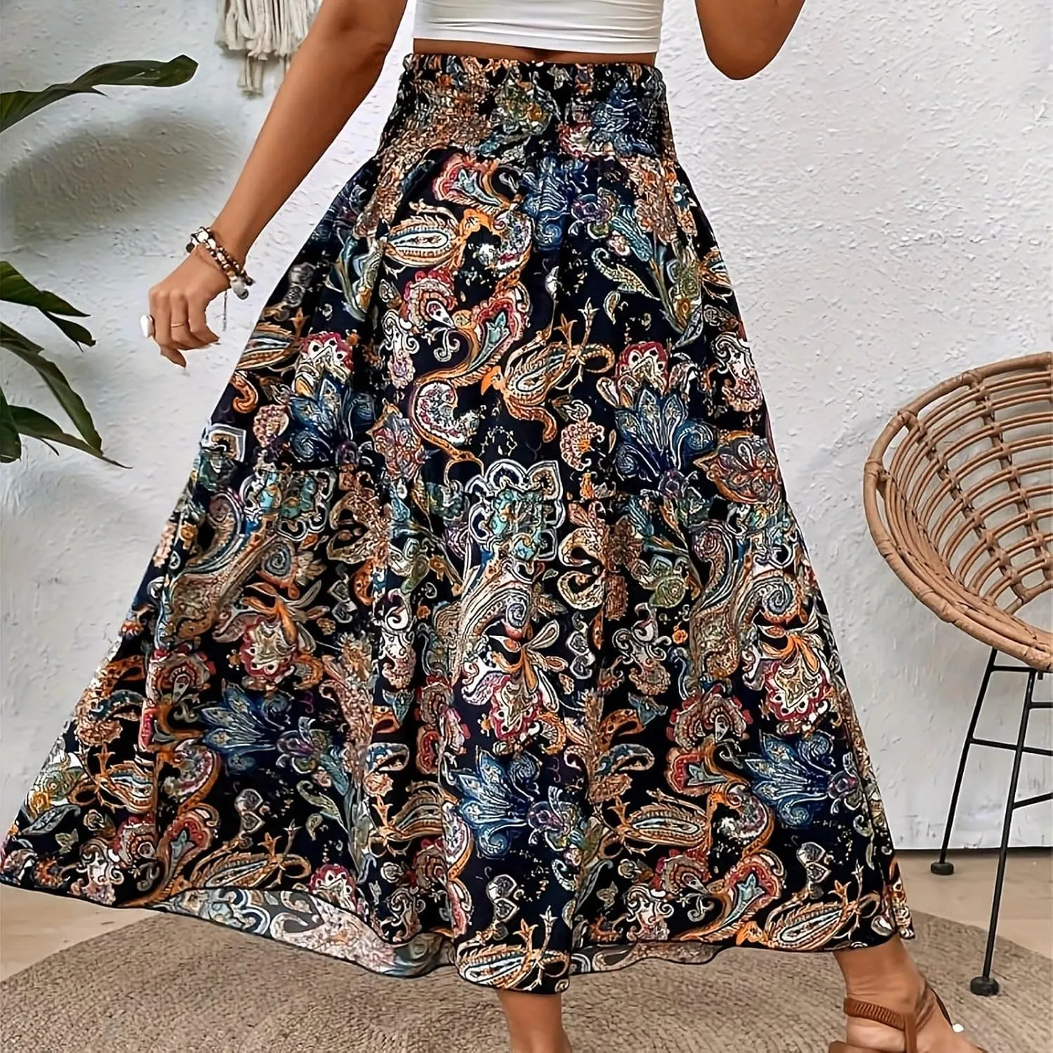 Casual Skirts for Women Summer Vacation Bohemian Aztec Print Pleated High Waist Elastic 2025 Beach Boha Maxi Skirts