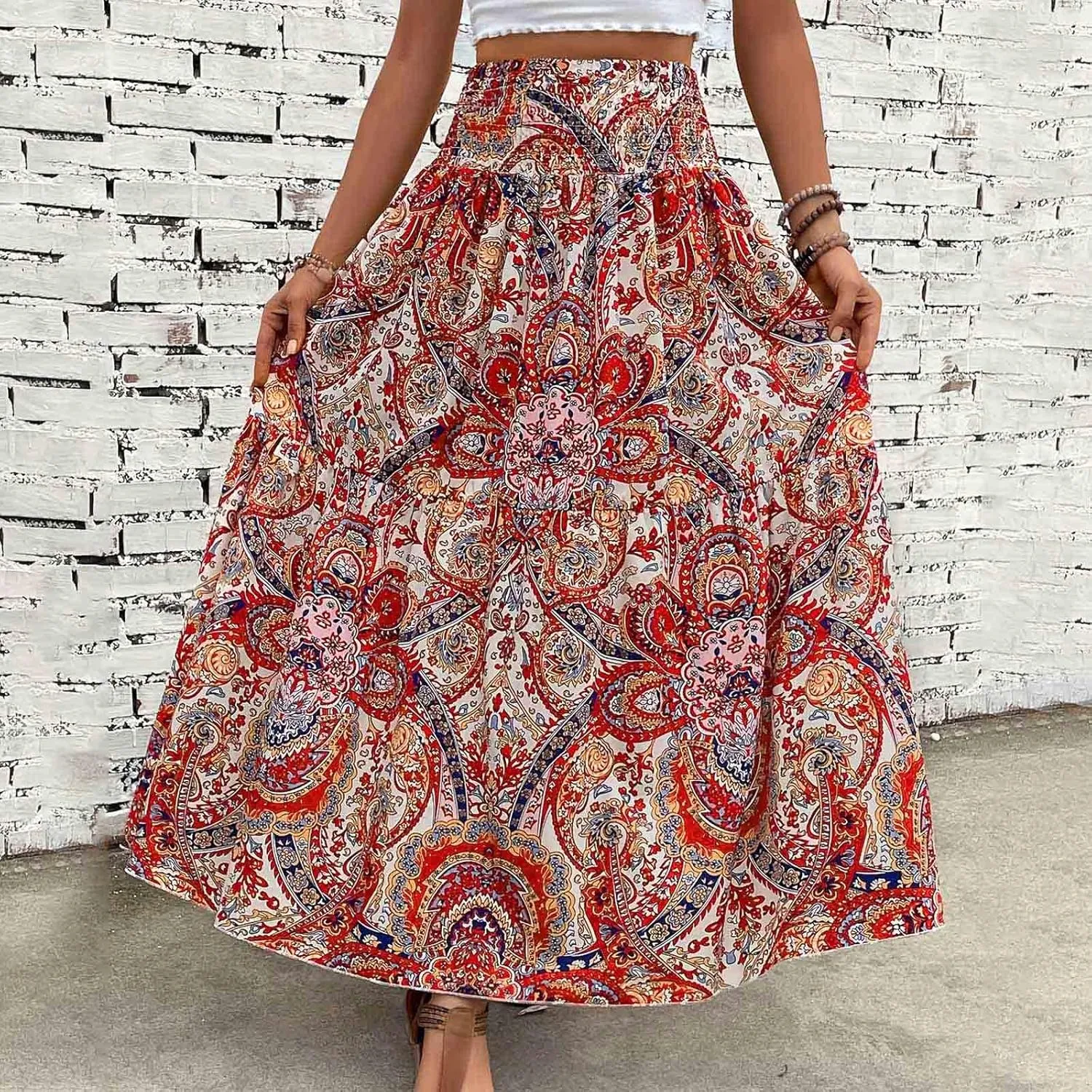 Casual Skirts for Women Summer Vacation Bohemian Aztec Print Pleated High Waist Elastic 2025 Beach Boha Maxi Skirts