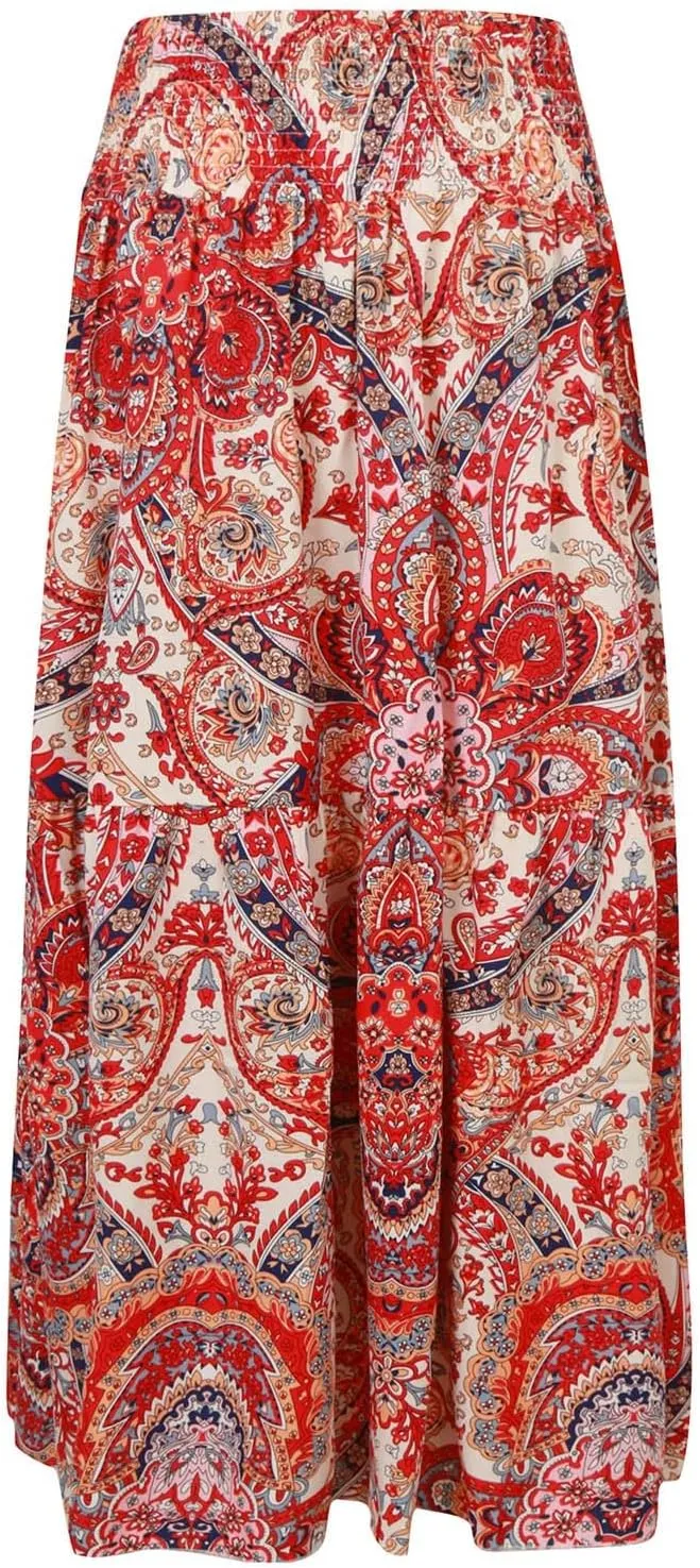 Casual Skirts for Women Summer Vacation Bohemian Aztec Print Pleated High Waist Elastic 2025 Beach Boha Maxi Skirts