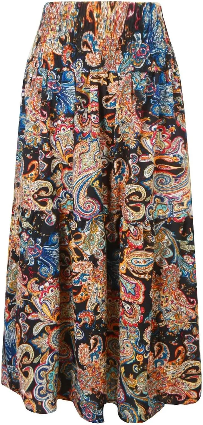 Casual Skirts for Women Summer Vacation Bohemian Aztec Print Pleated High Waist Elastic 2025 Beach Boha Maxi Skirts