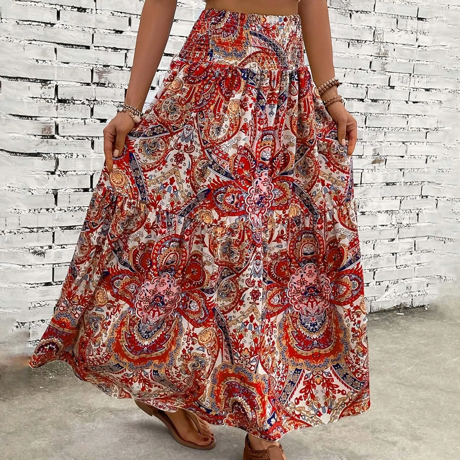 Casual Skirts for Women Summer Vacation Bohemian Aztec Print Pleated High Waist Elastic 2025 Beach Boha Maxi Skirts
