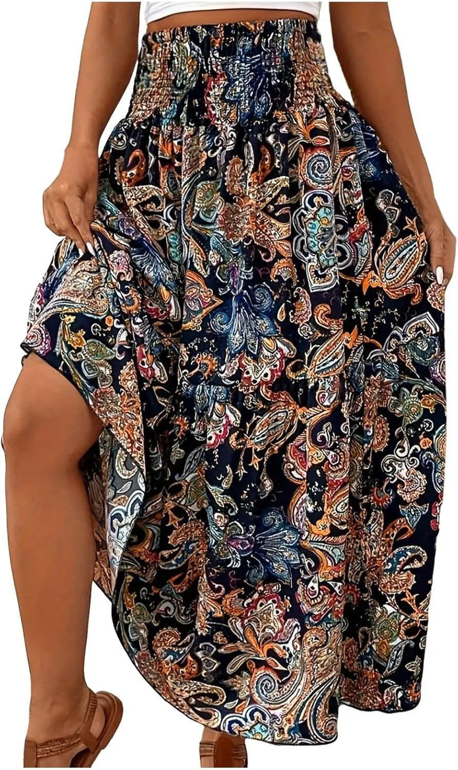 Casual Skirts for Women Summer Vacation Bohemian Aztec Print Pleated High Waist Elastic 2025 Beach Boha Maxi Skirts