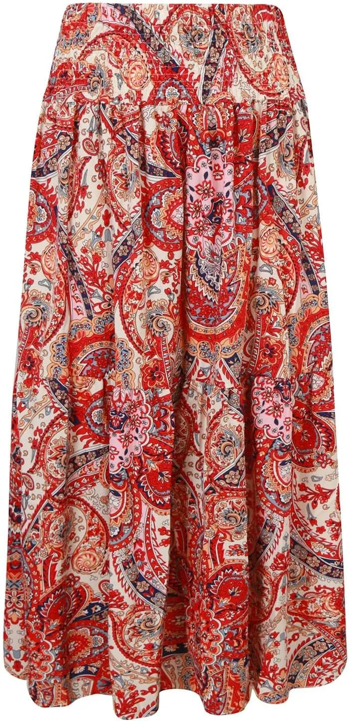 Casual Skirts for Women Summer Vacation Bohemian Aztec Print Pleated High Waist Elastic 2025 Beach Boha Maxi Skirts