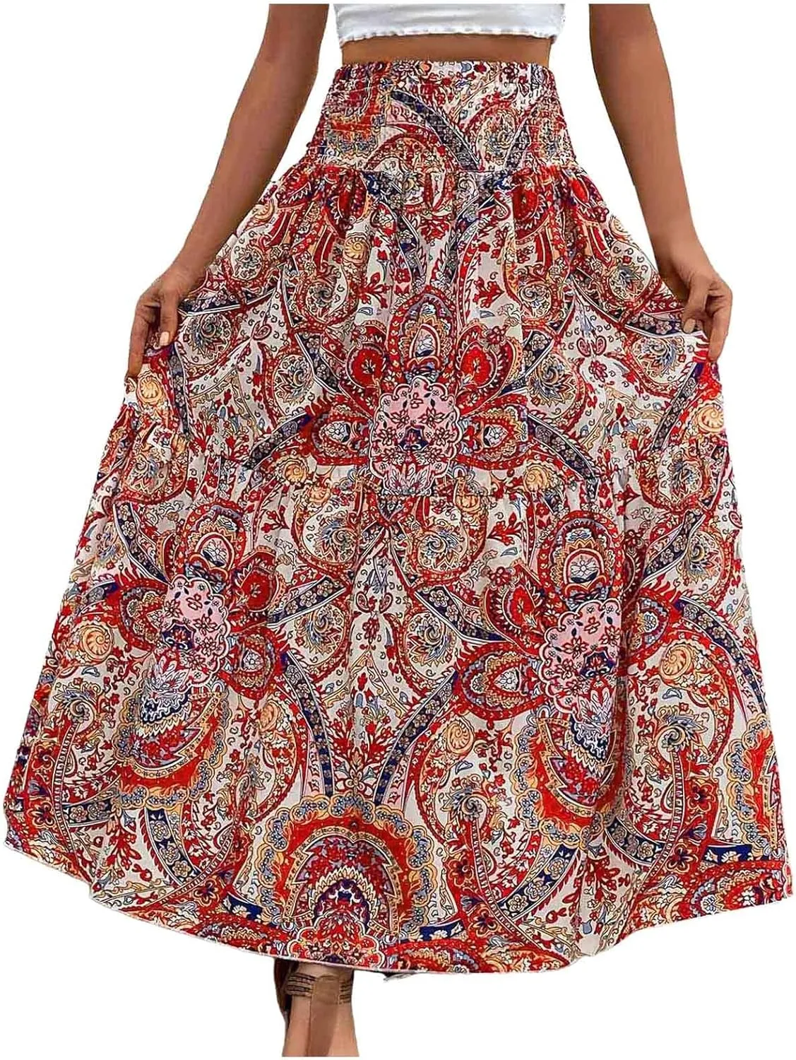 Casual Skirts for Women Summer Vacation Bohemian Aztec Print Pleated High Waist Elastic 2025 Beach Boha Maxi Skirts