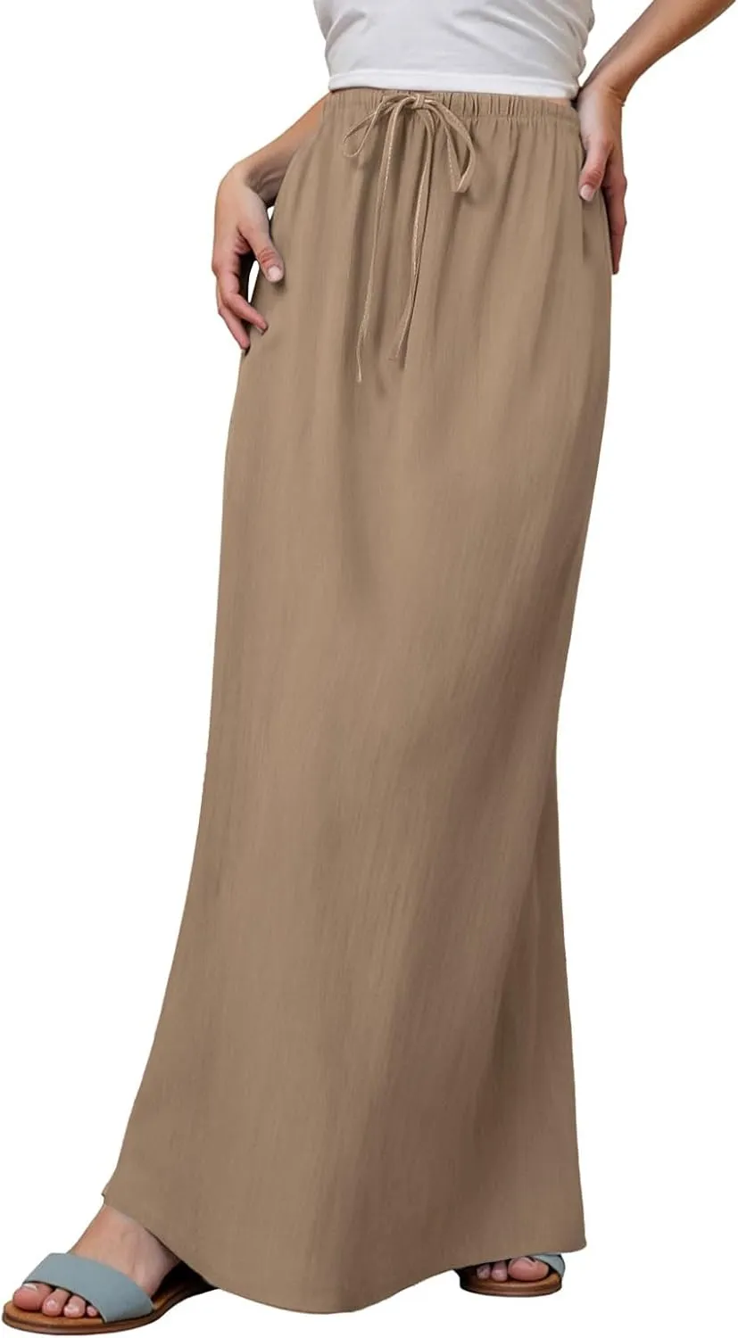 Cotton Linen Maxi Skirts for Women 2025 Summer Drawstring Low Rise A-Line Skirts Casual Loose Flowy Long Beach Skirt