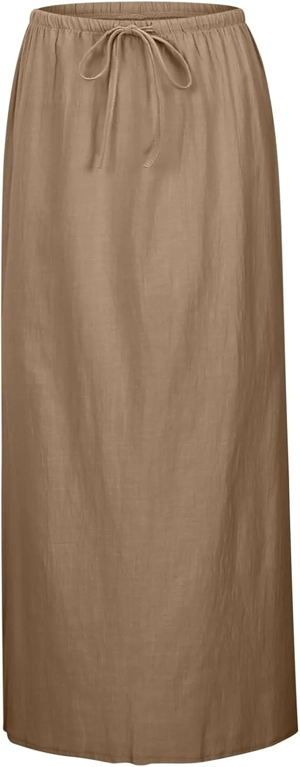Cotton Linen Maxi Skirts for Women 2025 Summer Drawstring Low Rise A-Line Skirts Casual Loose Flowy Long Beach Skirt