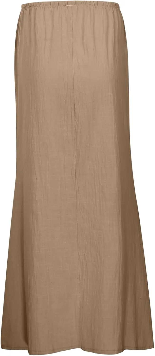 Cotton Linen Maxi Skirts for Women 2025 Summer Drawstring Low Rise A-Line Skirts Casual Loose Flowy Long Beach Skirt