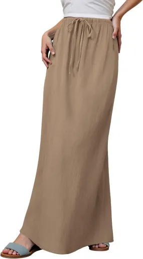 Cotton Linen Maxi Skirts for Women 2025 Summer Drawstring Low Rise A-Line Skirts Casual Loose Flowy Long Beach Skirt