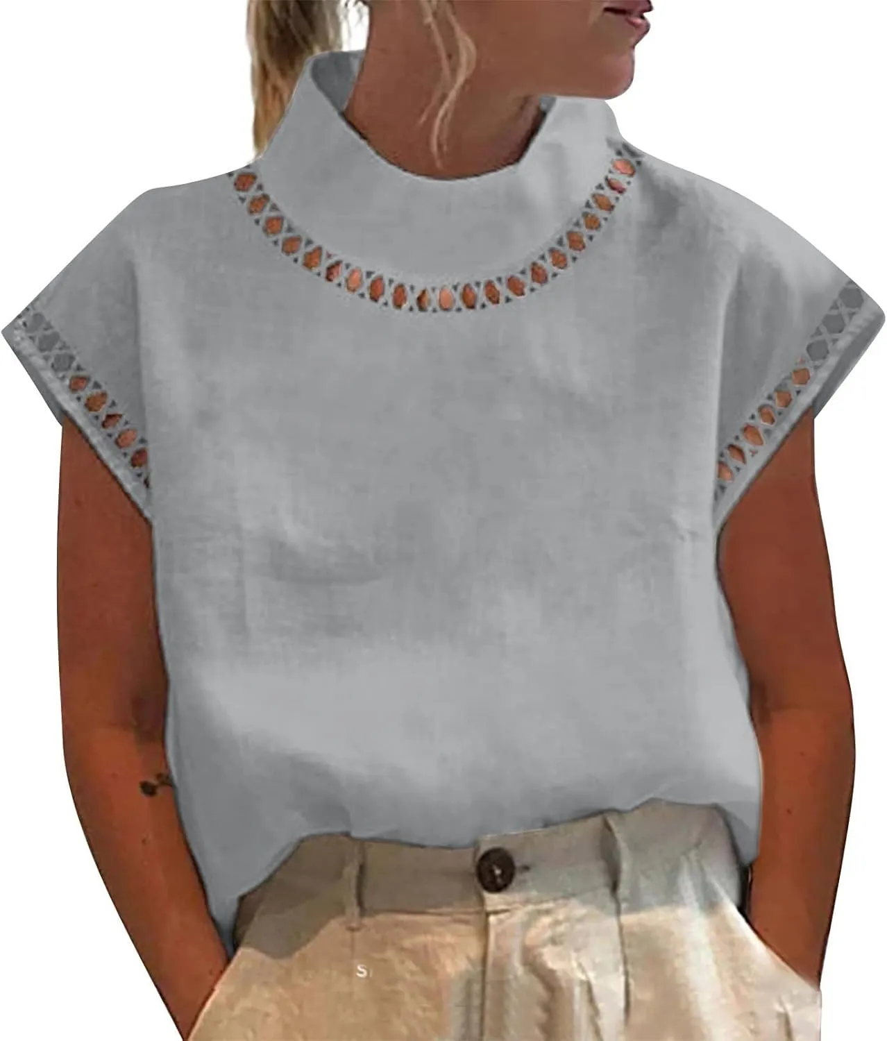 Cotton Linen Tops for Women 2024 Casual Cap Sleeve Summer Shirts Loose High Neck Tshirt Dressy Casual Blouses