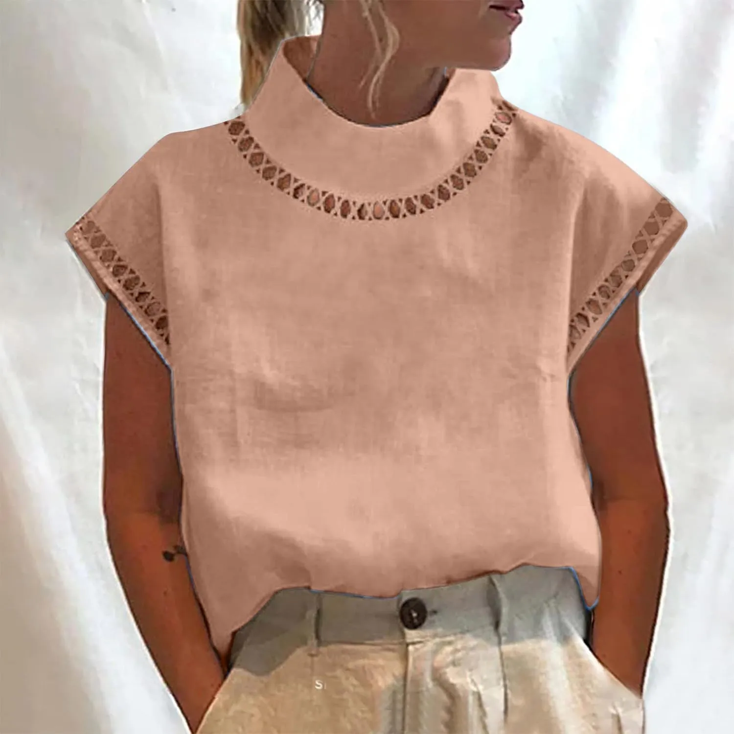 Cotton Linen Tops for Women 2024 Casual Cap Sleeve Summer Shirts Loose High Neck Tshirt Dressy Casual Blouses