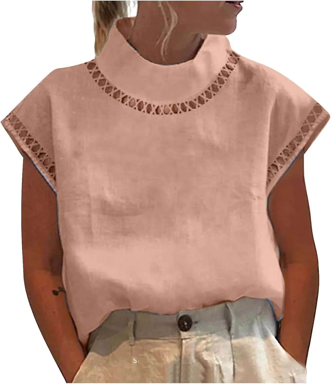 Cotton Linen Tops for Women 2024 Casual Cap Sleeve Summer Shirts Loose High Neck Tshirt Dressy Casual Blouses