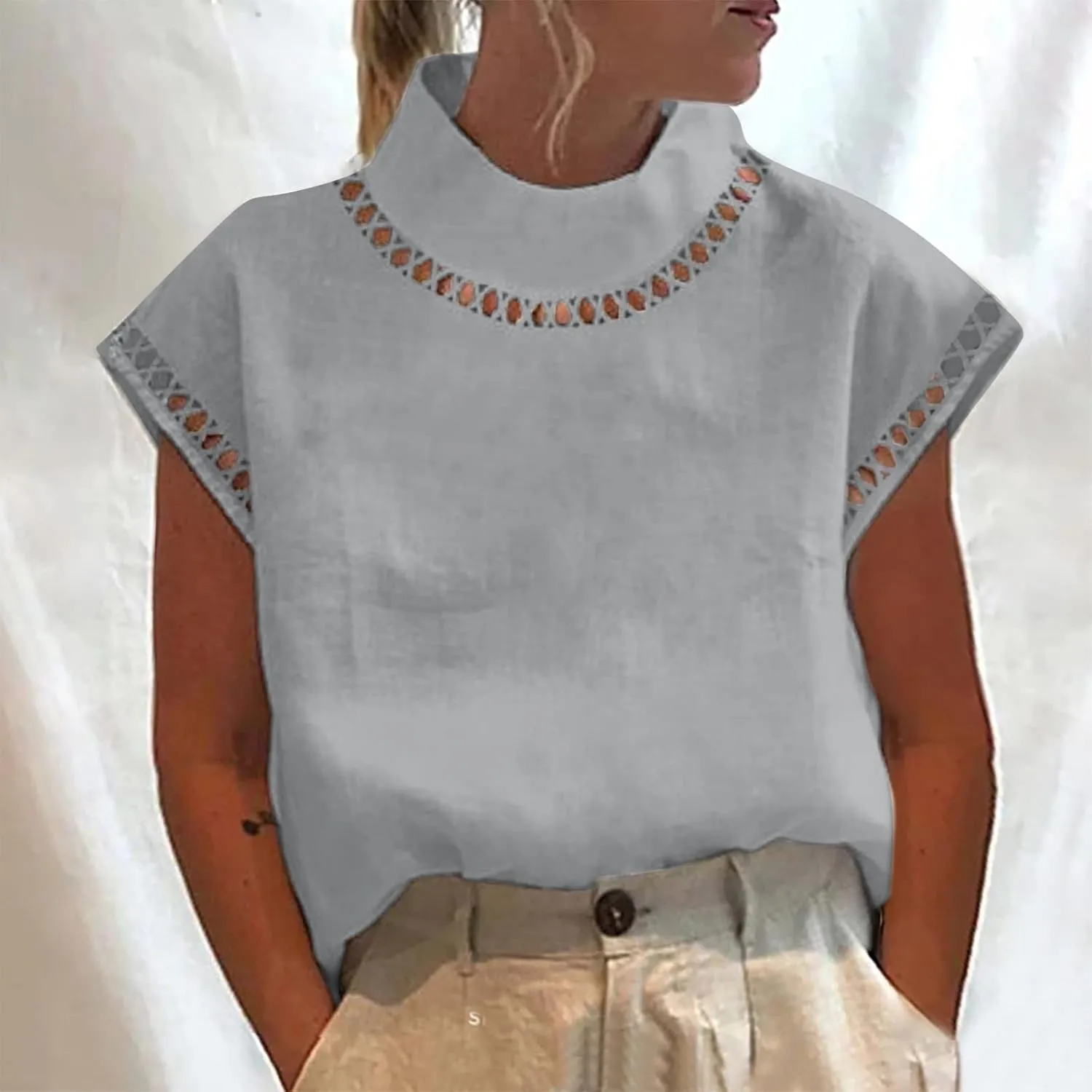 Cotton Linen Tops for Women 2024 Casual Cap Sleeve Summer Shirts Loose High Neck Tshirt Dressy Casual Blouses