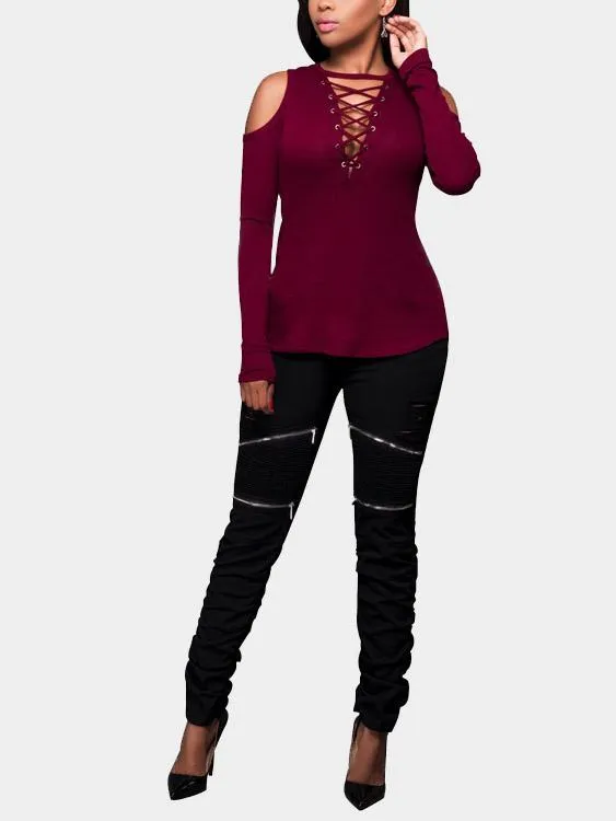Custom Lace-Up Long Sleeve Burgundy T-Shirts