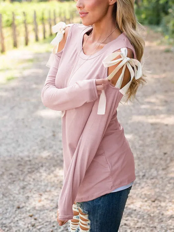 Custom Round Neck Cold Shoulder Plain Lace-Up Cut Out Long Sleeve Light Pink T-Shirts