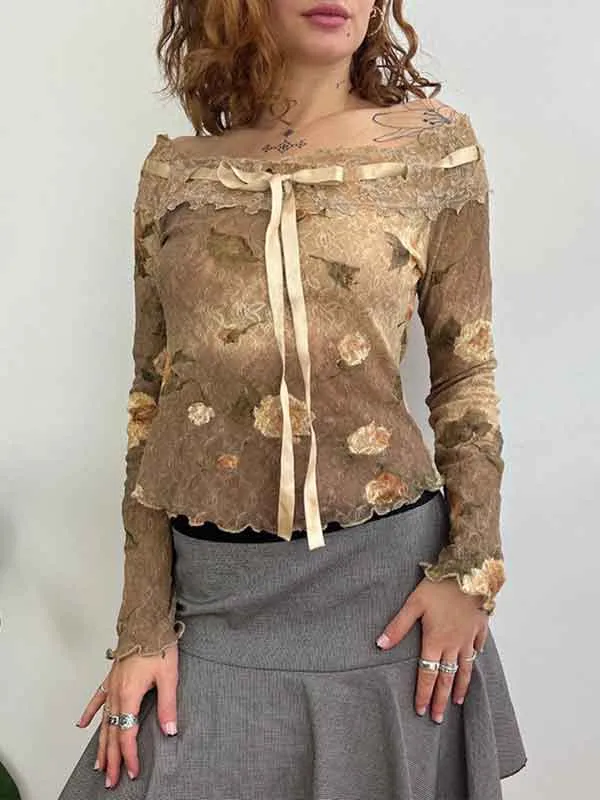 Floral Printed Lace Up Patchwork T-Shirt