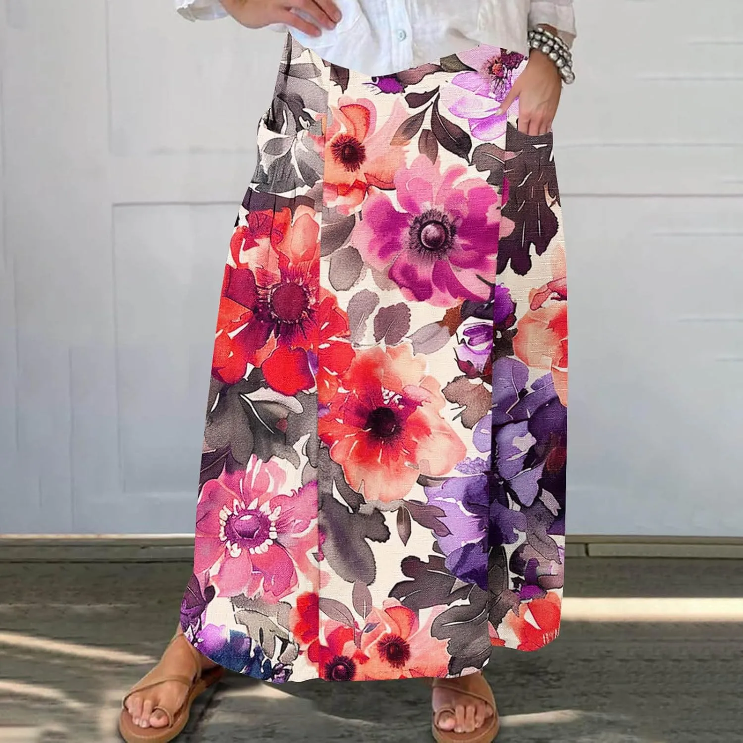 FZYLQY 2025 Summer Maxi Skirt for Women Casual Elegant Boho Elastic High Waist Pleated A-Line Skirts Flowy Swing Beach Skirt