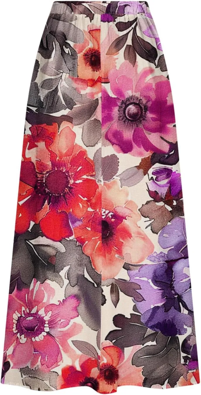 FZYLQY 2025 Summer Maxi Skirt for Women Casual Elegant Boho Elastic High Waist Pleated A-Line Skirts Flowy Swing Beach Skirt