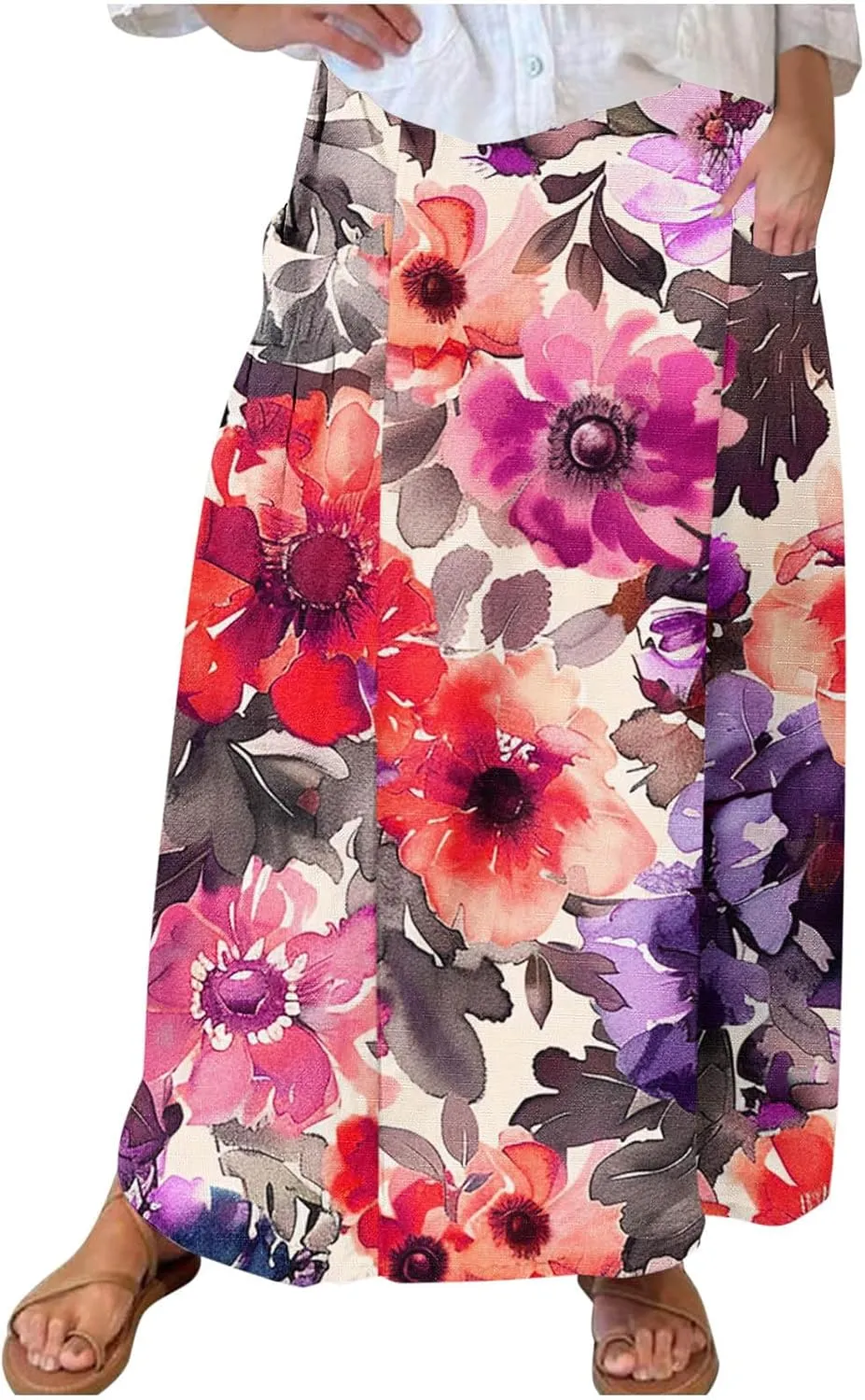 FZYLQY 2025 Summer Maxi Skirt for Women Casual Elegant Boho Elastic High Waist Pleated A-Line Skirts Flowy Swing Beach Skirt