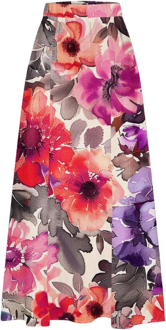 FZYLQY 2025 Summer Maxi Skirt for Women Casual Elegant Boho Elastic High Waist Pleated A-Line Skirts Flowy Swing Beach Skirt