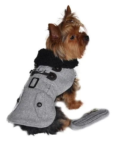 Grey Herringbone Dog Coat with Leash