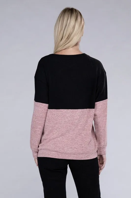 Lace Up V Neck Color Block Top