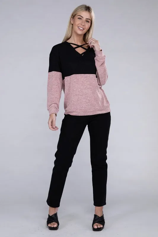 Lace Up V Neck Color Block Top