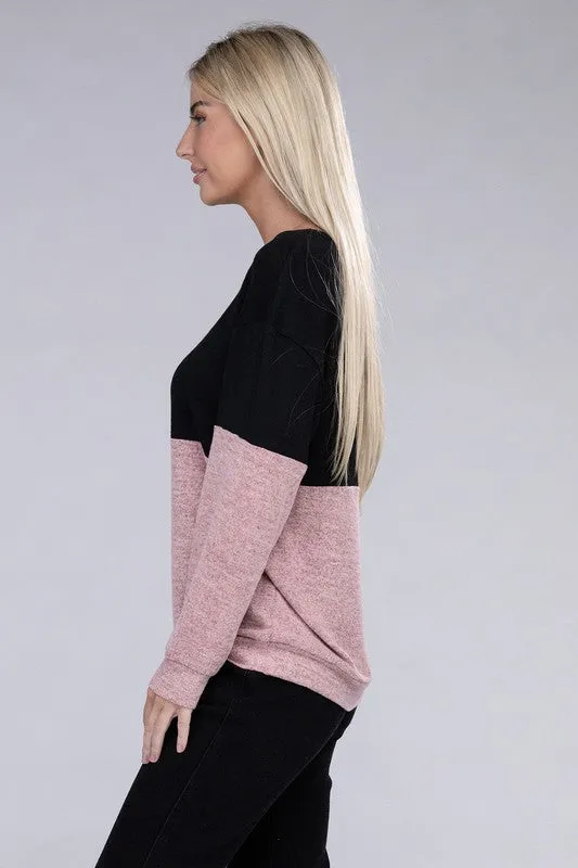 Lace Up V Neck Color Block Top