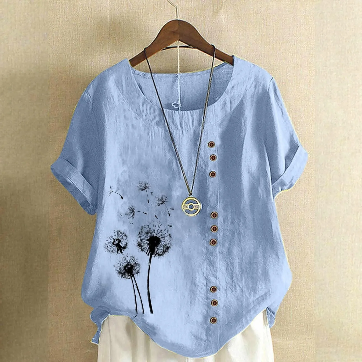 Ladies Blouses Summer Linen Shirts Plus Size Tops for Women Cute Dandelion Graphic Tees Casual Round Neck Pullover