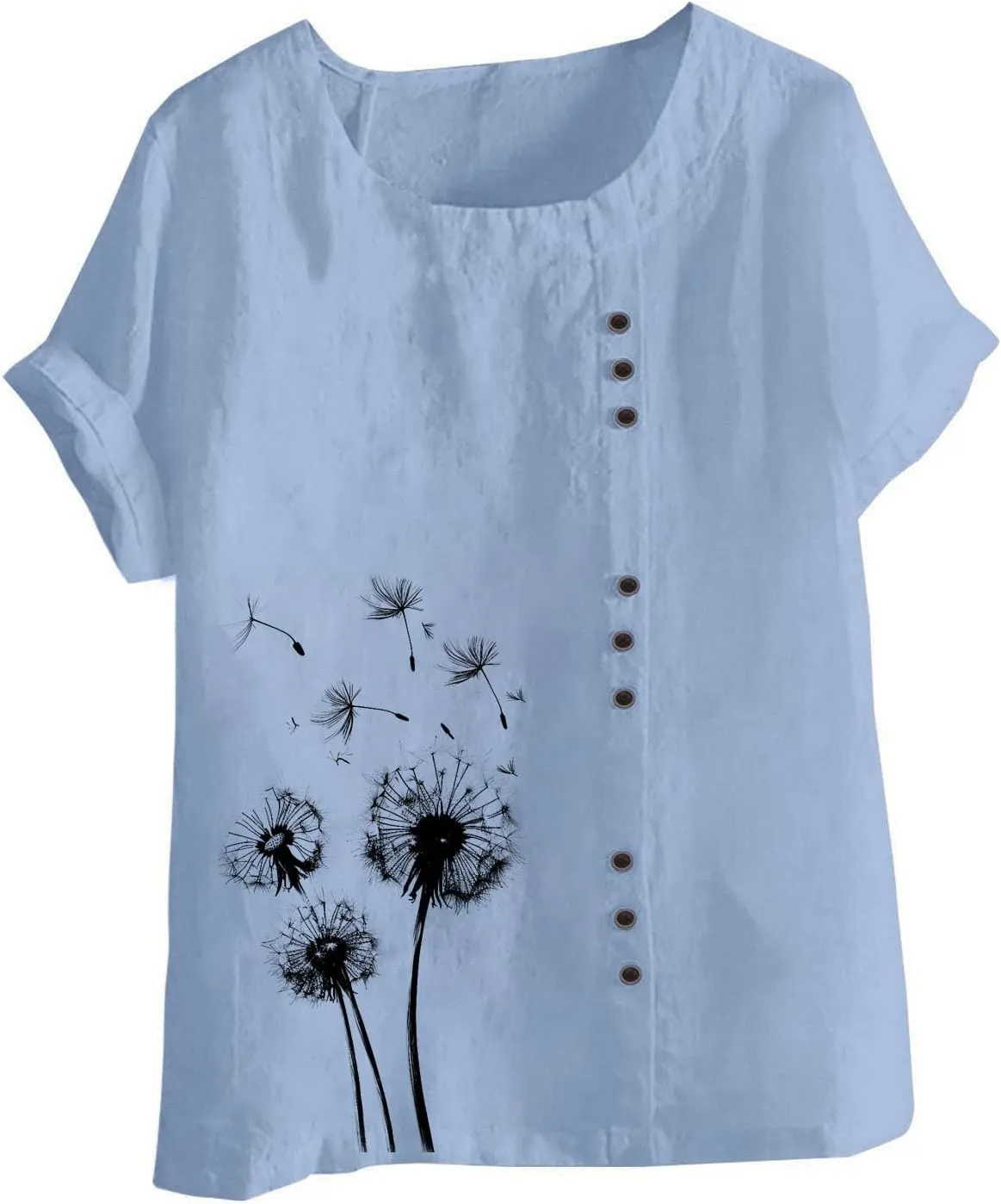 Ladies Blouses Summer Linen Shirts Plus Size Tops for Women Cute Dandelion Graphic Tees Casual Round Neck Pullover