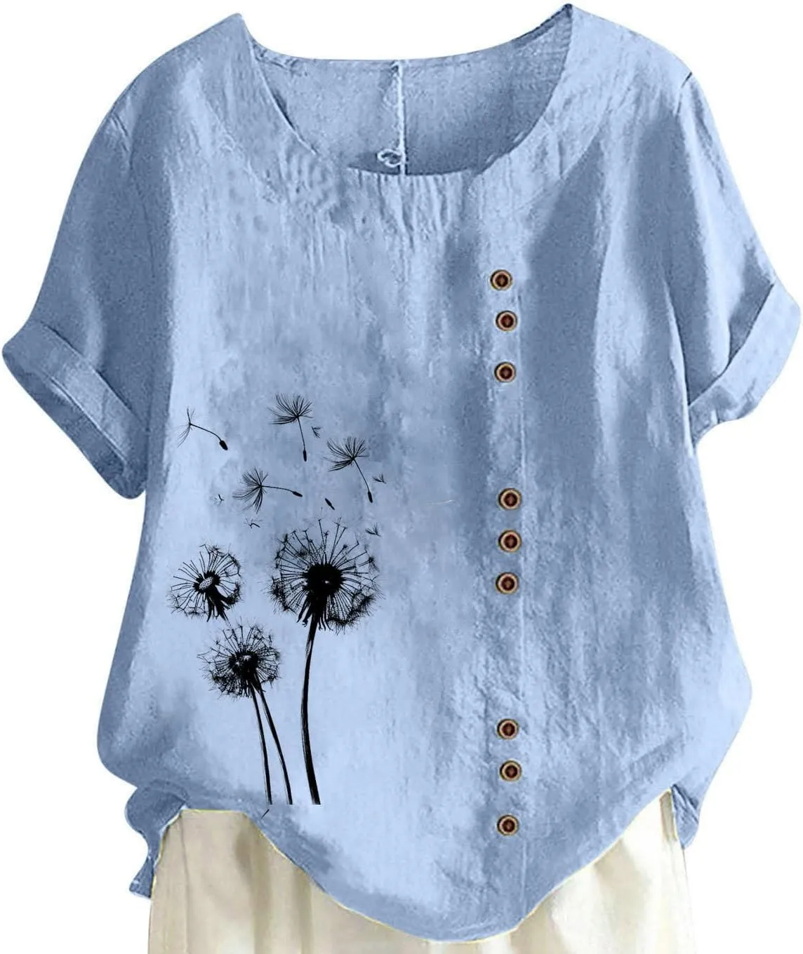 Ladies Blouses Summer Linen Shirts Plus Size Tops for Women Cute Dandelion Graphic Tees Casual Round Neck Pullover