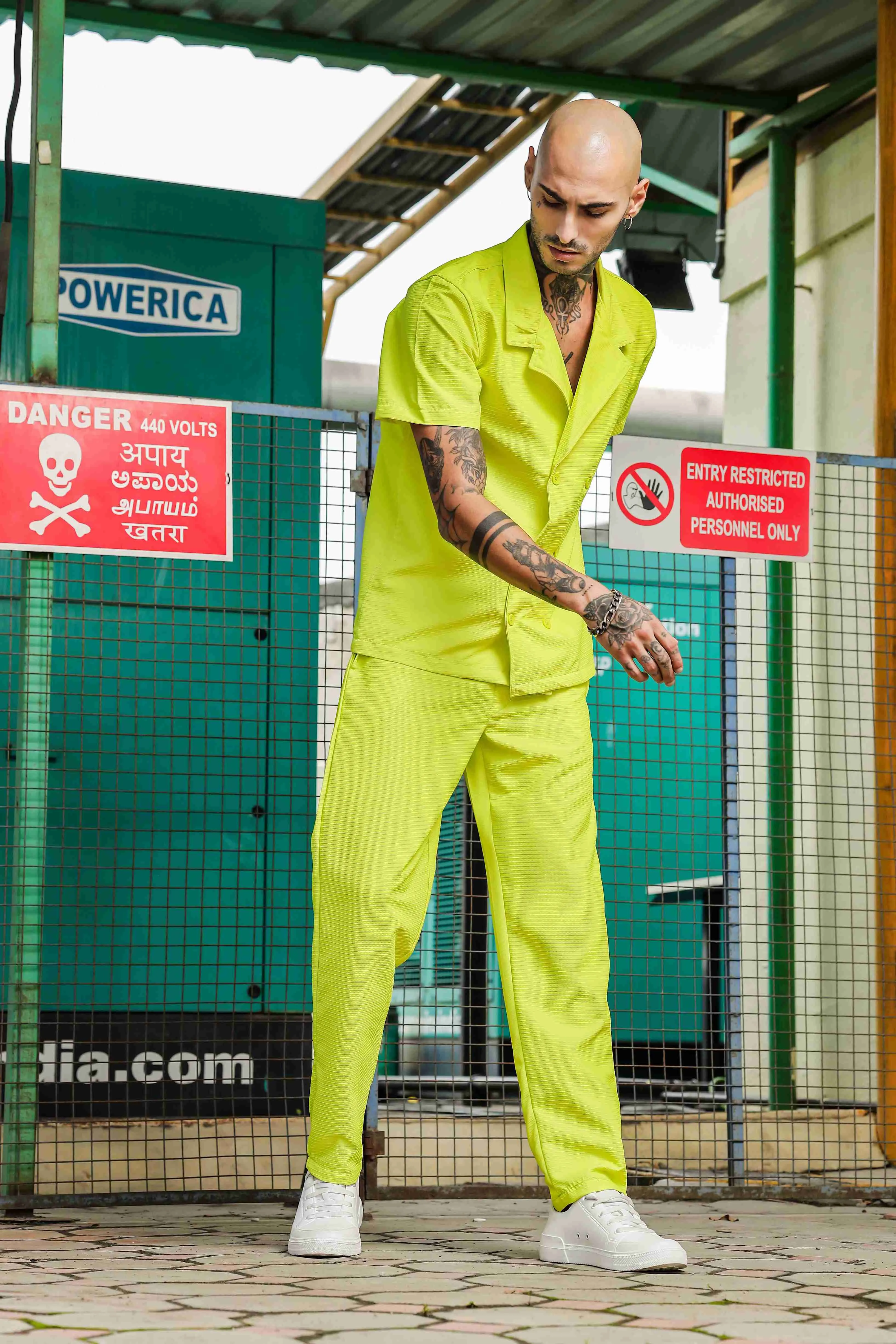 Lime Green Textured Fabric Relaxed Fit  Coord Set