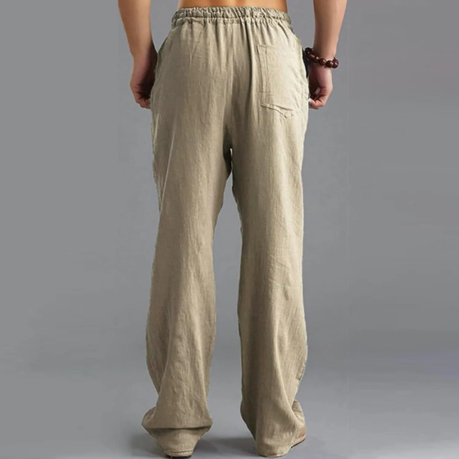 Men Linen Pants Lightweight Casual Relaxed Fit Elastic Waist Breathable Wide Leg Baggy Joggers Trousers