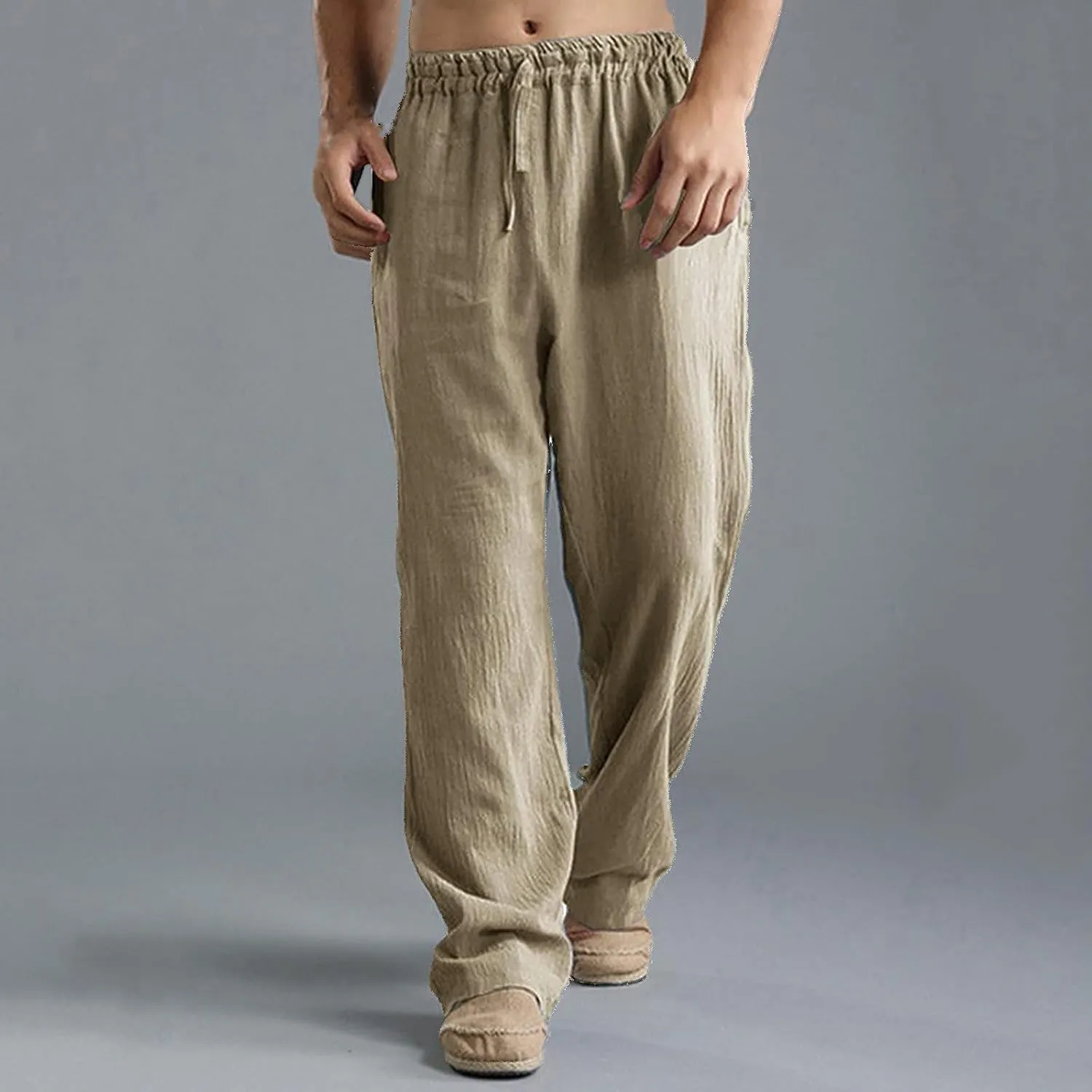 Men Linen Pants Lightweight Casual Relaxed Fit Elastic Waist Breathable Wide Leg Baggy Joggers Trousers