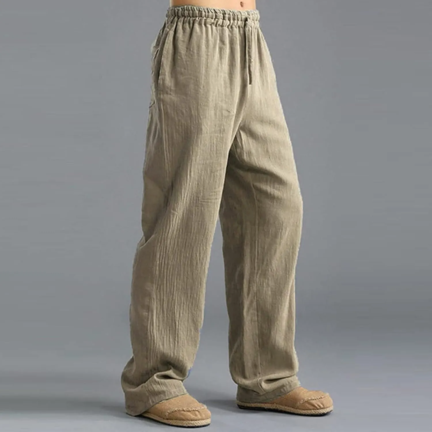 Men Linen Pants Lightweight Casual Relaxed Fit Elastic Waist Breathable Wide Leg Baggy Joggers Trousers