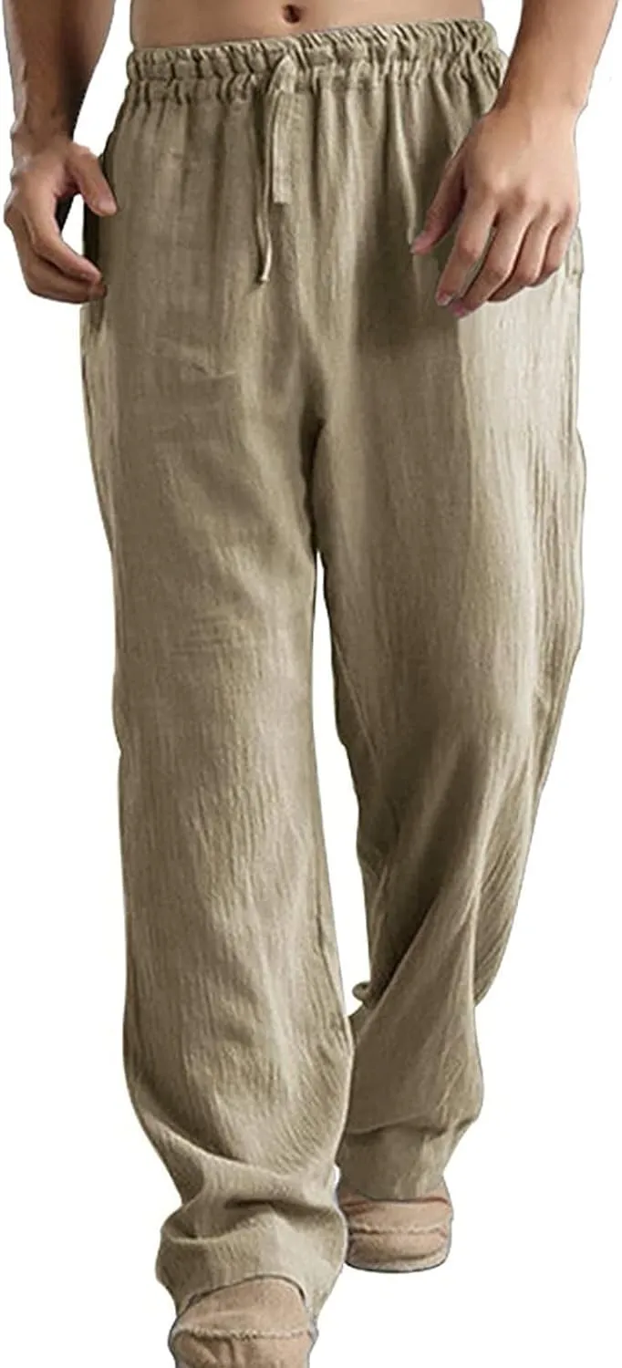 Men Linen Pants Lightweight Casual Relaxed Fit Elastic Waist Breathable Wide Leg Baggy Joggers Trousers