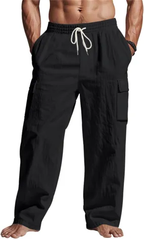 Mens Linen Cargo Pants Relaxed Fit Drawstring Waist Beach Pants with Pockets Casual Summer Lightweight Trousers