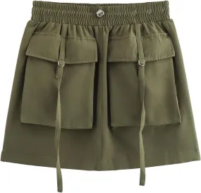 Mini Skirts for Women Cargo High Elastic Waist A-Line Loose Solid Color Workout Cargo Skirts for Summer Vacation
