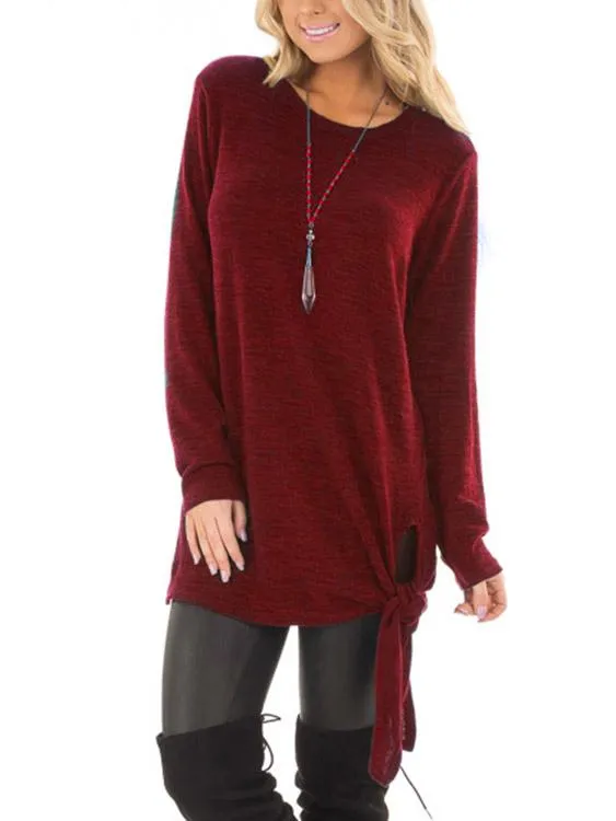 OEM ODM Round Neck Lace-Up Long Sleeve Slit Hem Burgundy T-Shirts