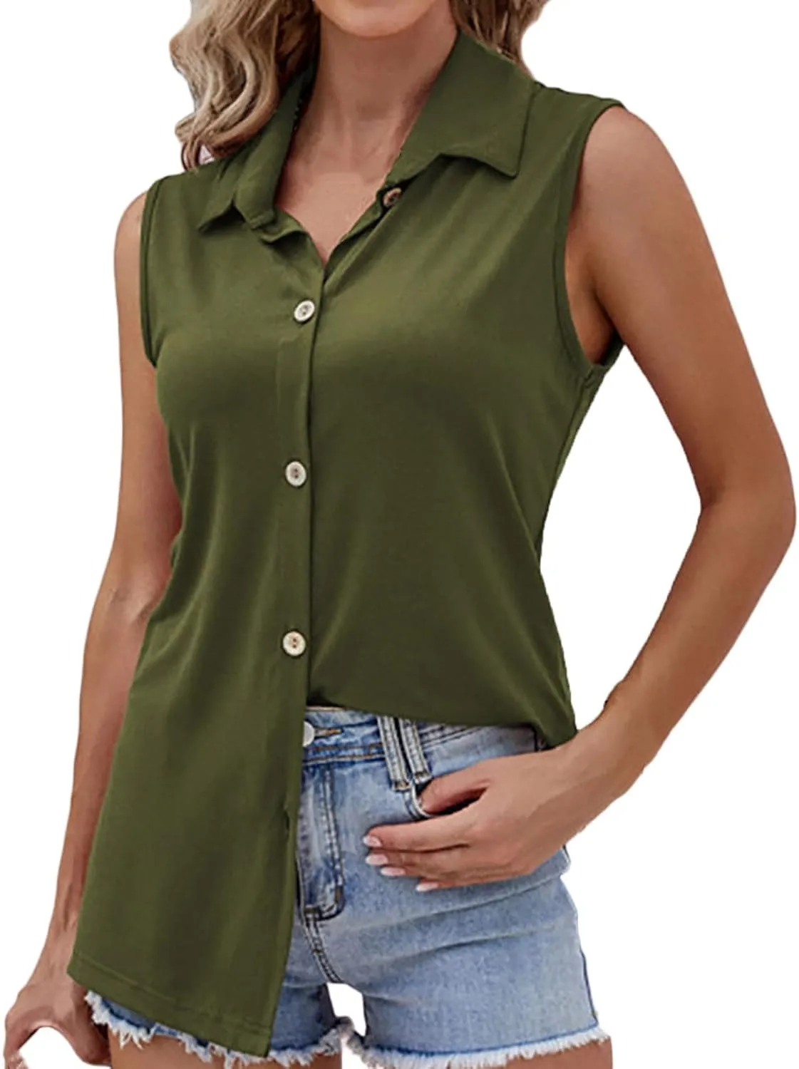Oplxuo Women's Sleeveless Button Down Shirts Collared Work Blouses Solid Casual Loose V Neck Tank Tops