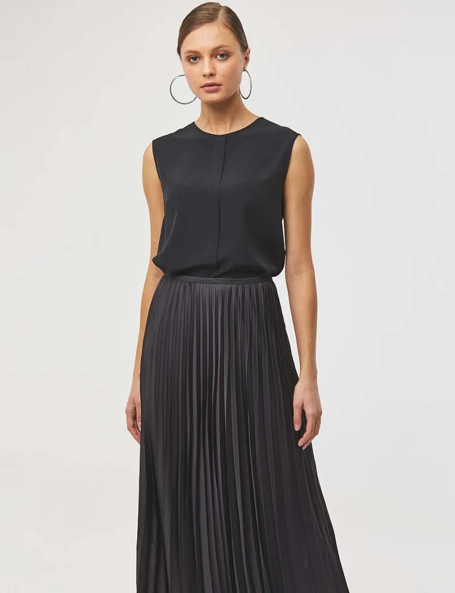 Pleated Satin Skirt Black
