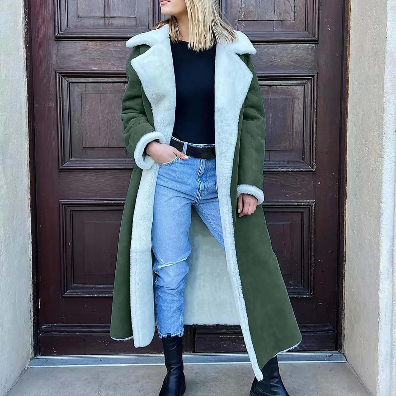 SACFOF Women Sherpa Lined Long Jacket Faux Leather Shearling Jacket Fur Collar Long Trench Coats Winter Lapel Fleece Coat