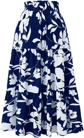 Skirts for Women Trendy Bohemian Floral Print Pleated High Elastic Waist A-Line Knee Length Boha Skirts Streetwear