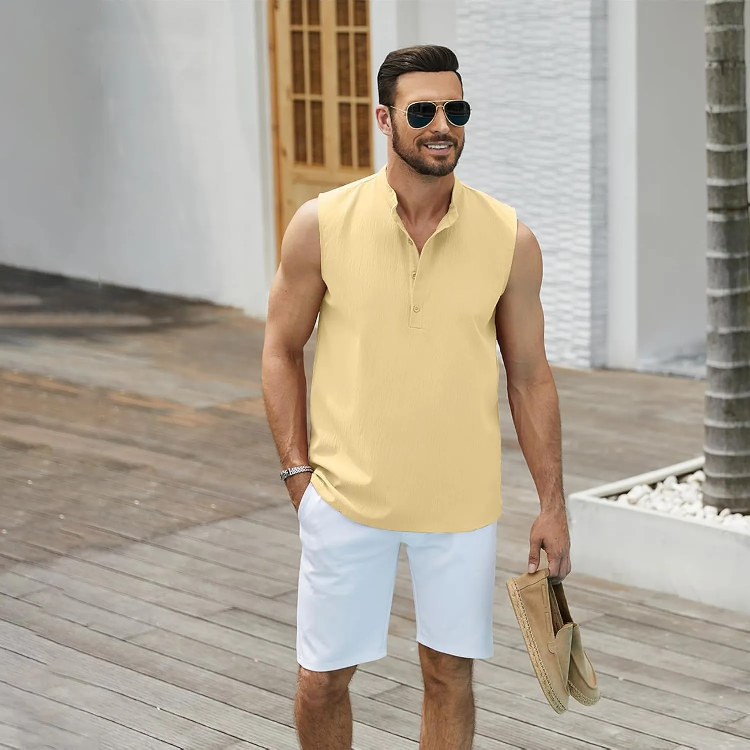 Sleeveless Beach Shirts for Men Summer Casual Tank Top Button Down Henley T-Shirts