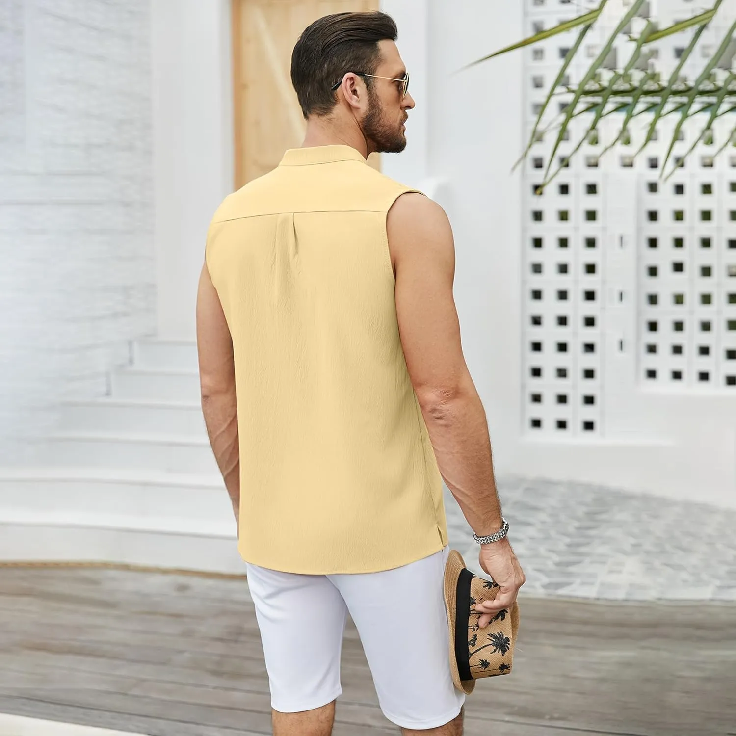 Sleeveless Beach Shirts for Men Summer Casual Tank Top Button Down Henley T-Shirts