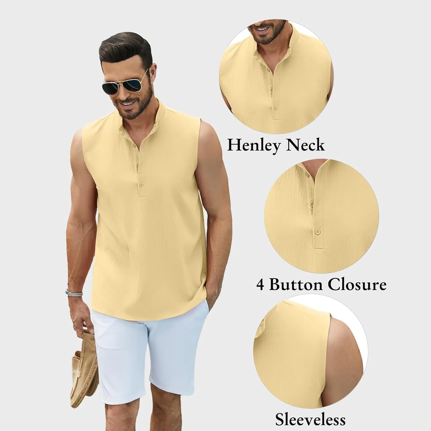 Sleeveless Beach Shirts for Men Summer Casual Tank Top Button Down Henley T-Shirts
