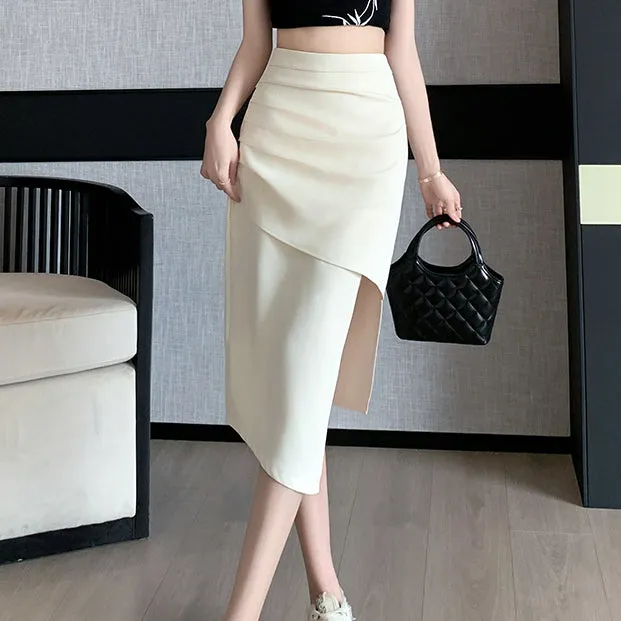 Slit Irregular High Waist Pleated Medium Skirt