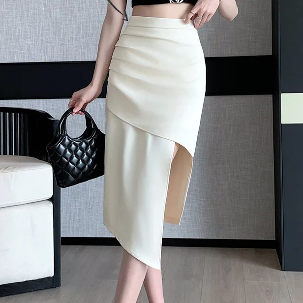 Slit Irregular High Waist Pleated Medium Skirt